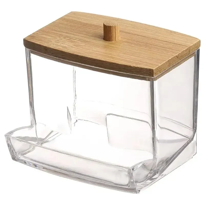 Cotton Swab Organizer Acrylic Bamboo Lid Portable Round Container Cosmetic Cotton Puff Storage