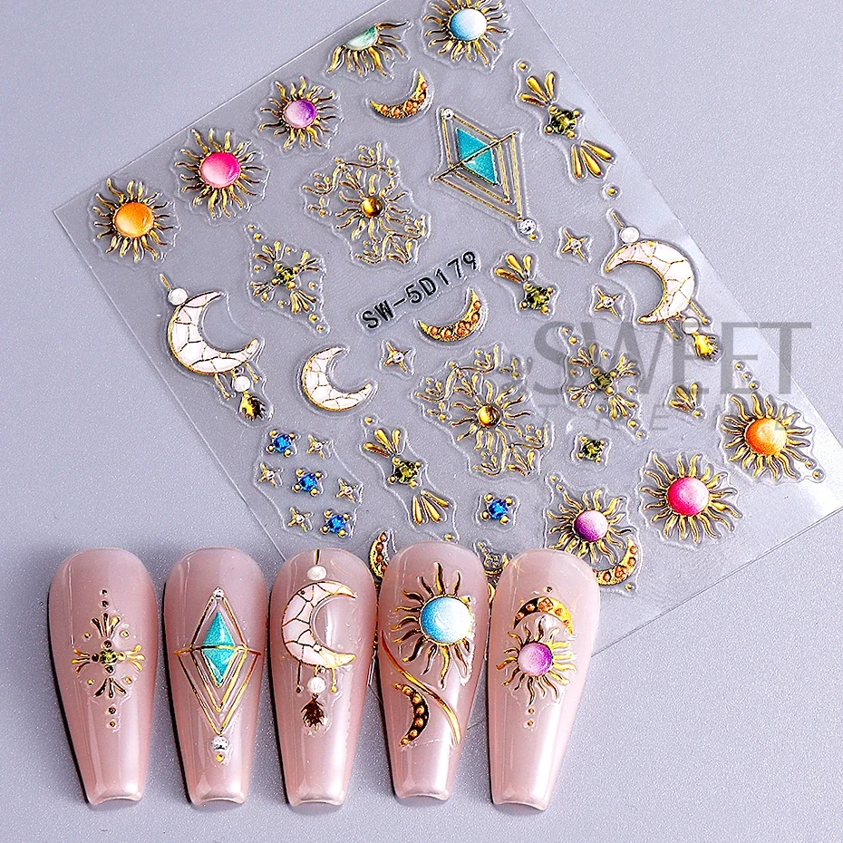 5D Gemstone Charm Nail Sticker Gold Irregular Frame Rhinestones Adhesive Slider Nail Supplies Decals Bohemian Manicure  Decor