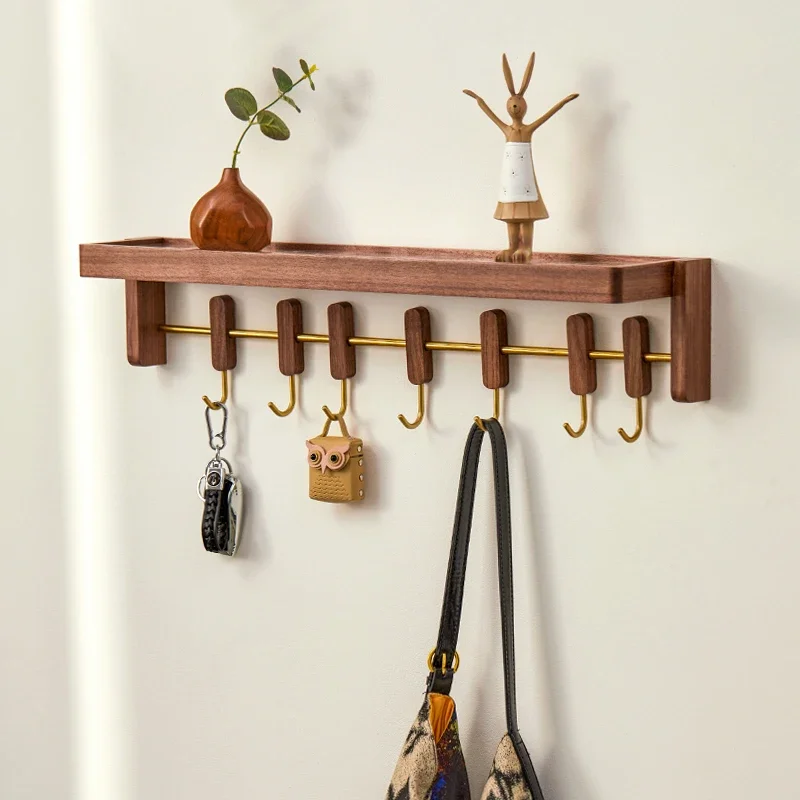 Entryway Advanced Clothes Hook Black Walnut Wood Coat Hanger Multifunctional Wall Mounted Shelf Key Organizer with Movable Hooks