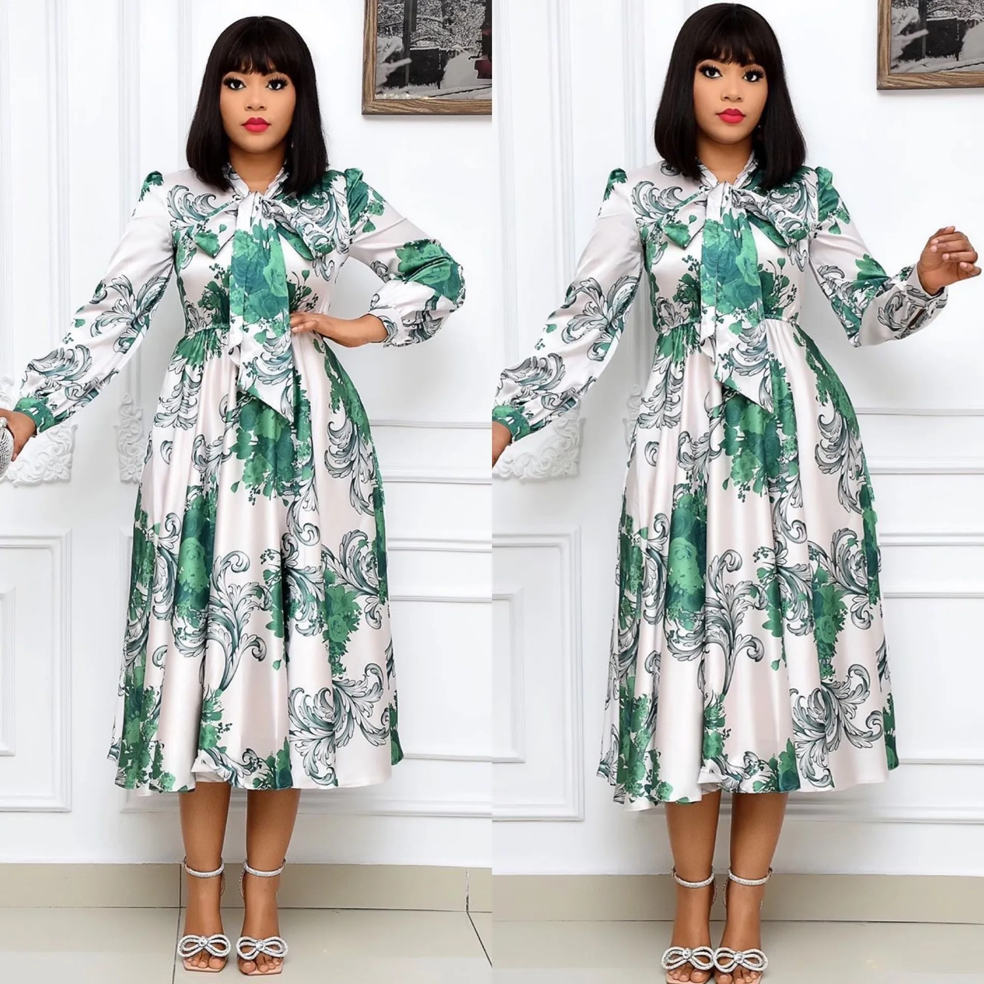 

Women Temperament Commuter Long Sleeve Digital Print Strap High Waist Mid Length Dress
