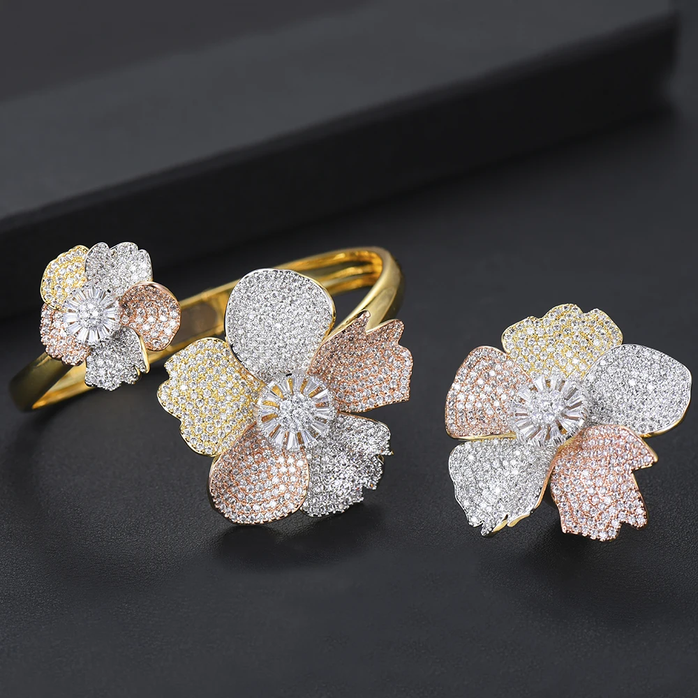 

Jimbora Bridal Adjustable Bangle Ring Jewelry Set Wedding Engagement Accessories Luxury Flowers Fashion for Women Daily Party