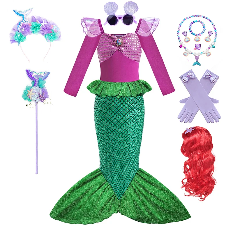 Disney Girl Princess Little Mermaid Ariel Dress Kids Costume Cosplay Bambini Ruffle Birthday Party Clothes Spring Dress Girl