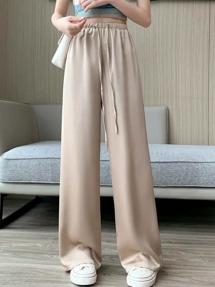 Women's Wide Leg Pants Summer Ice Silk Straight Trousers High