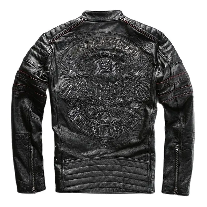 Factory 2019 Men Retro Vintage Leather Biker Jacket Embroidery