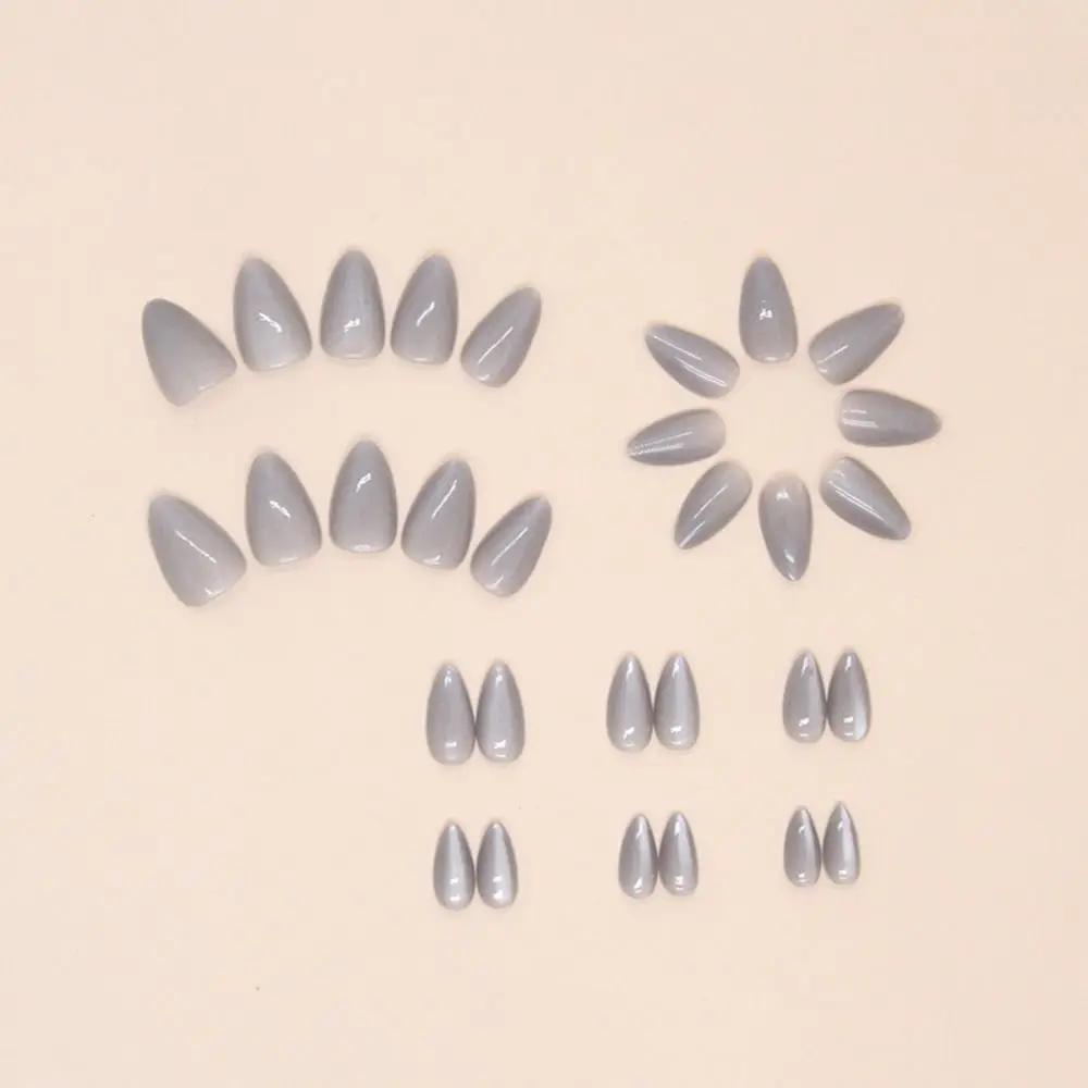 Manicure Long Oval False Nails French Pure Color Press on Nails Detachable Grey Cat Eye Nail Tips DIY