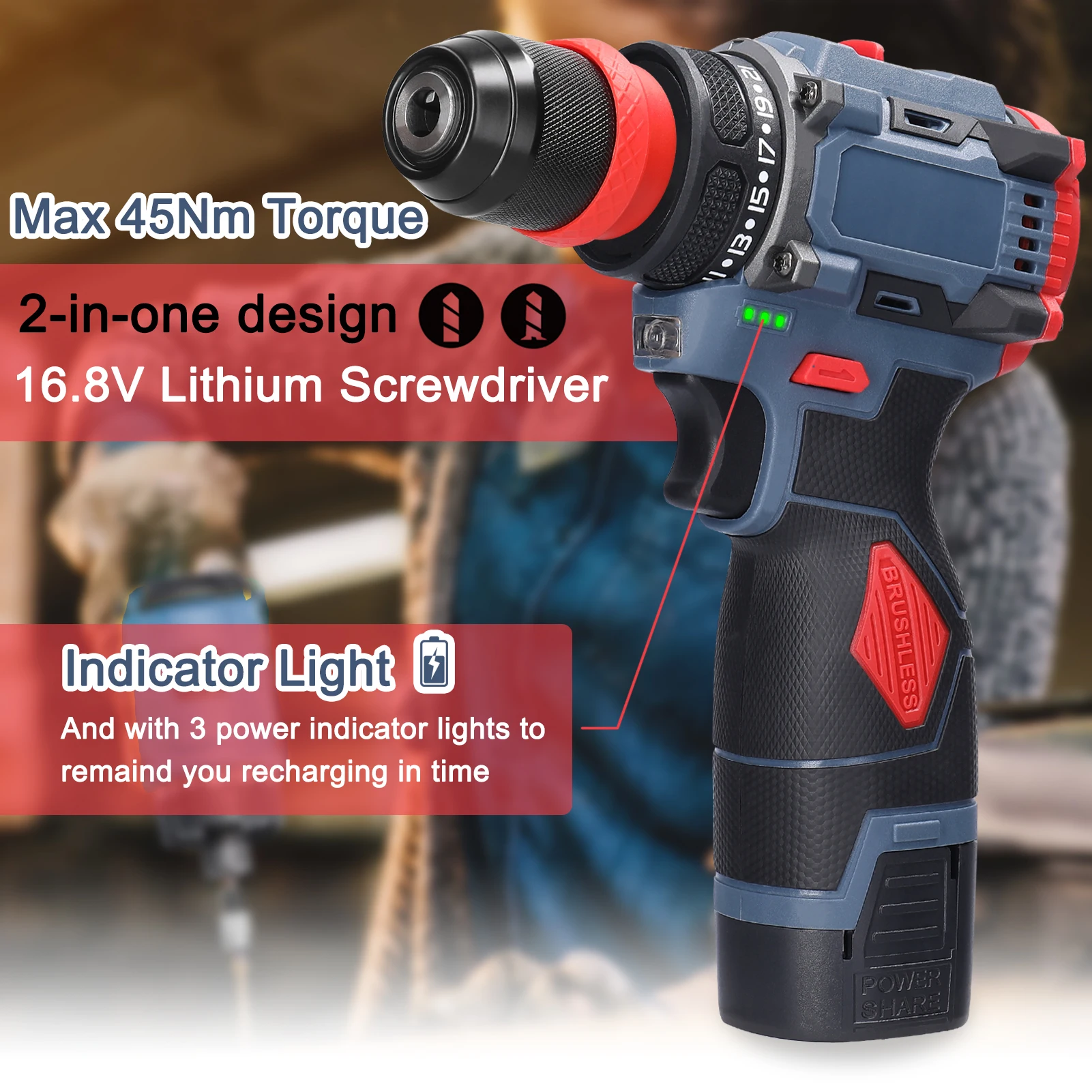 16.8V/21V Cordless 2in1 Electric Screwdriver Drill Brushless Motor 45/55Nm Rechargeable Multifunction Screw Driver Impact Drill 2