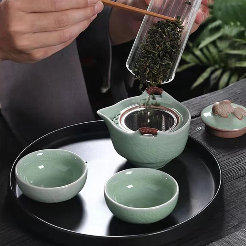 Portable Ge Kiln Ceramic Travel Tea Set 1 Teapot 2 Teacup Car Mounted Tea Set Gaiwan Cups and Mugs Yixing Kettle Cute Cup Pot