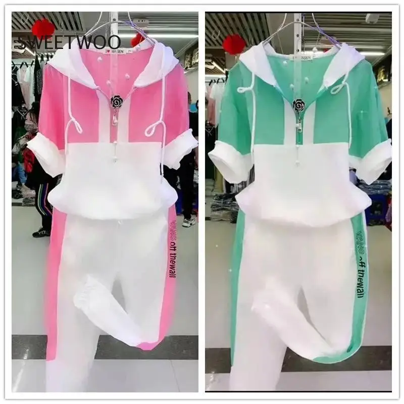 

Vintage Color Matching Summer Fashion Thin Short-Sleeved Hooded Sweatershirt Suit Women's Sports and Leisure 2 Piece Trend Tide