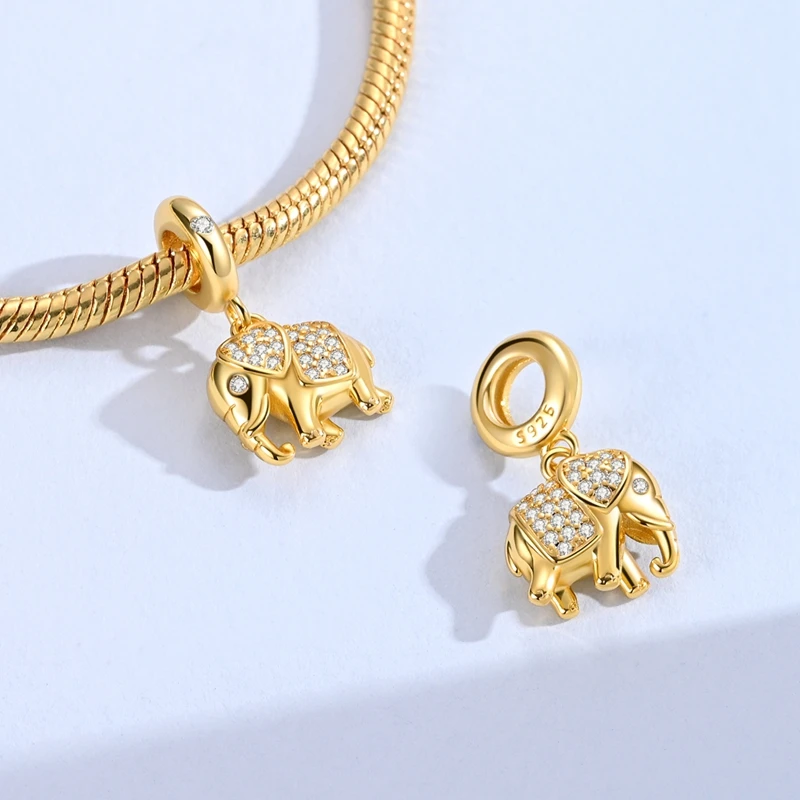 925er Sterlingsilber Gold-Serie Charms Flugzeug Pferd Welpe Elefant Perlen Anhänger passend für Originalarmband DIY Schmuck Geschenk für Frauen – Detail 25