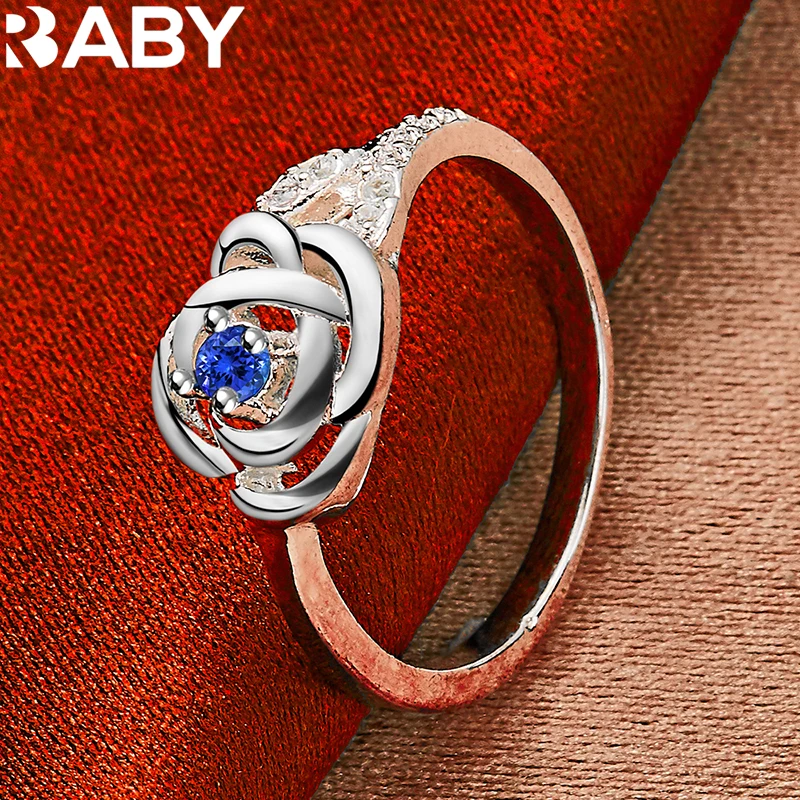 

URBABY 925 Sterling Silver Rose Blue AAA Zircon Ring For Women Jewelry Wedding Engagement Band Fashion Party Charms Accessories