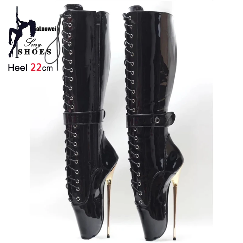 2025 New style Lace-up Ballet Boots Gothic stiletto heel Shoes sexy Fetish Club wear Women 22CM Metal Fine Heel Mid-calf Boots