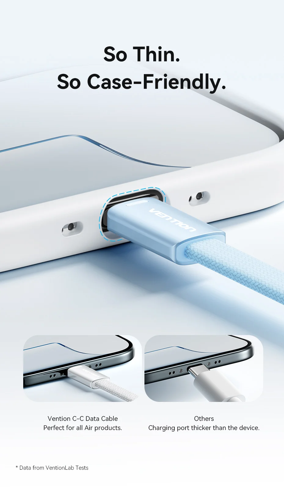 Vention USB-C auf Typ-C Kabel 3A Ultra-Dünn PD60W Schnellladekabel Typ-C Kabel für iPhone 17 16 15 Samsung S24 Xiaomi 17 – Detail 4