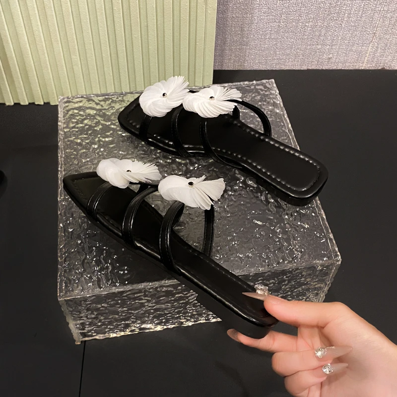 Aphixta Women Flat With Slides White Flower Dec Woman Slippers Summer Beach Square Toe Casual Shoes Woman 2025 Trend Shoes