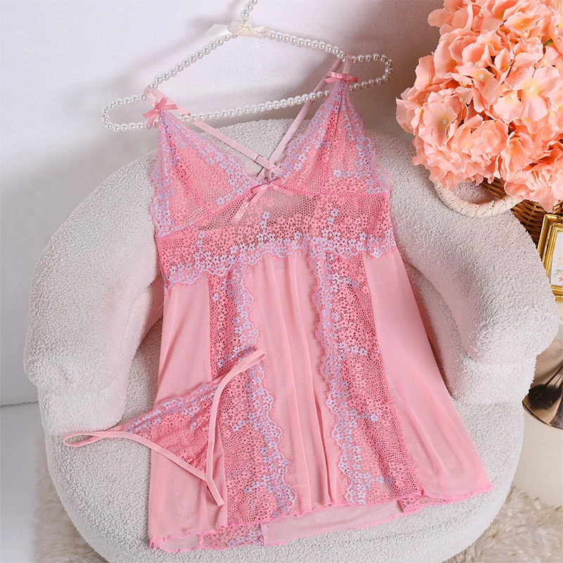 Women Lingerie Set Summer Transparent Pink Lace
