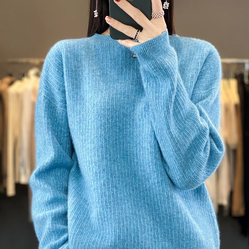

New autumn and winter 100% wool cashmere sweater women's round neck loose Joker fashion sweater knit loose bottoming shirt