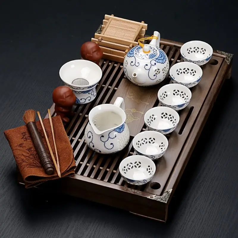 Purple Clay Chinese Tea Cup Sets Porcelain Vintage Simple Solid Wood Small Tea Tray 19 pcs Suit Chinese Ceremony