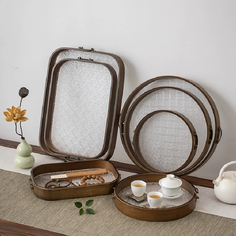 

Retro Haitang Glass Wooden Pallet Household Rectangular Tea Tray Desktop Cup Storage Walnut Snack Tray Living Room Decoration