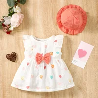 Newborn Baby Girl Sweet Cotton Dress Sleeveless Love Pattern Dress+Hat 2PCS Summer Beach Clothing for Infant Girl 0-9 Months 3