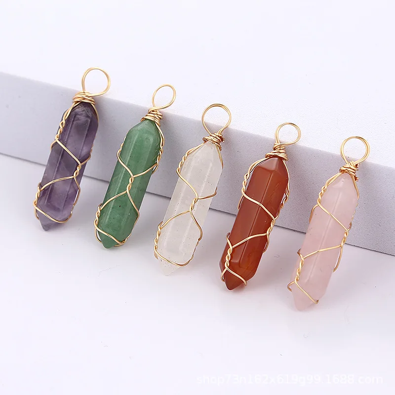 

Natural Stone Handmade Copper Wire Hexagon Prism Amethyst Pendant Charms For DIY Chakra Necklace Earrings Accessories