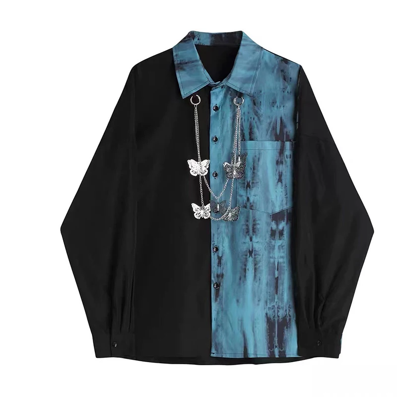 ARENS 2024 Spring Autumn Unisex Harajuku BF Loose Cargo Pants Long-Sleeved tie-dye Shirt+Handsome Chain Pants Two-Piece Set Suit 2