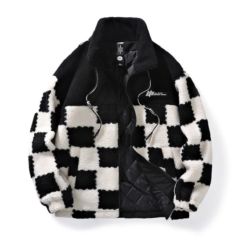 Checkerboard Stitching Contrast Color Imitation Sherpa Warm Jacket Loose Stand Collar Casual Winter Coats Men Couple Clothes