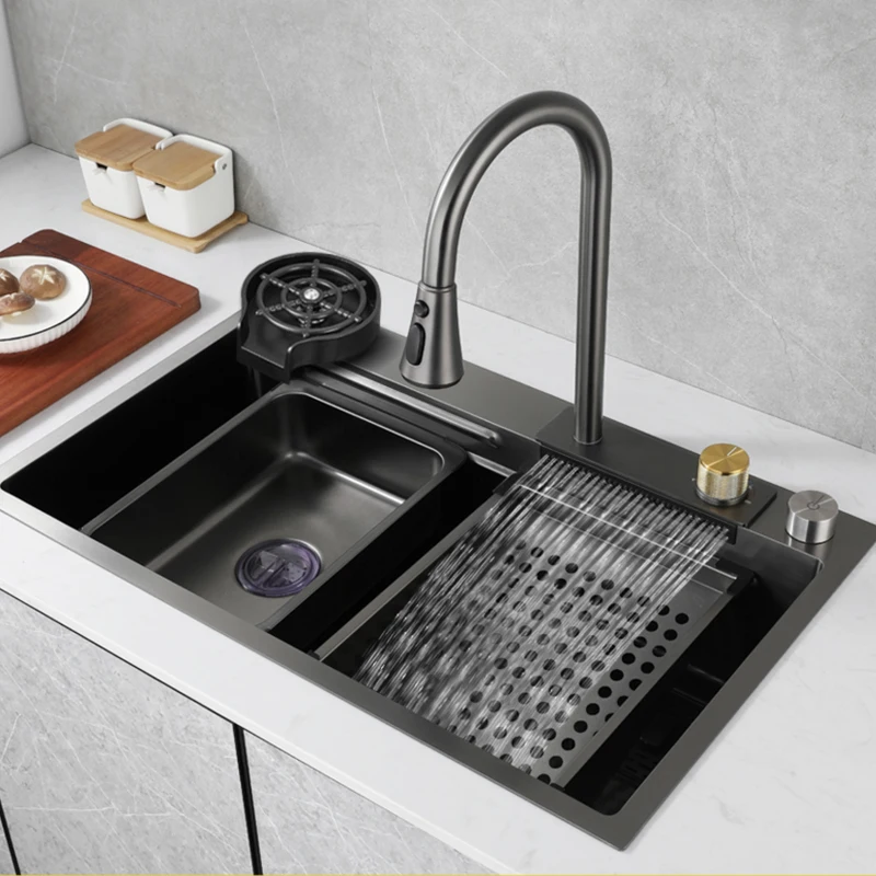 Kichen Sink Waterfall Faucet Nano Sink 304 Stainless Steel Topmount Single Bowl Wash Basin with Chopping Board Drain Accessories