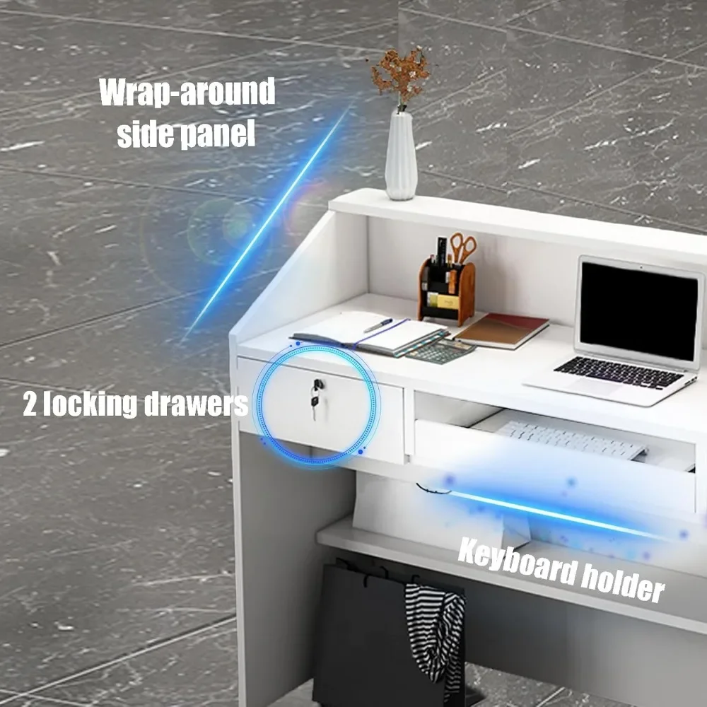 Reception Desk with Counter, Modern Front Desk with Lockable Drawers, White Retail Counter for Checkout Salon, Lobby, Store 4