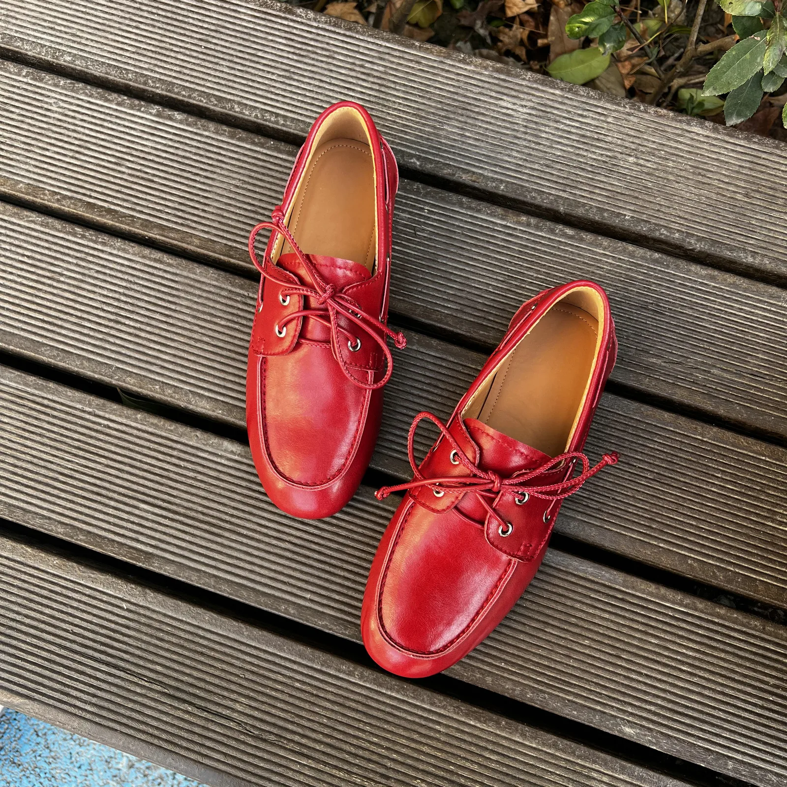 2025 Women shoes Cow Leather Spring Ballet Casual Loafers Lace Up Round Toe 34-41
