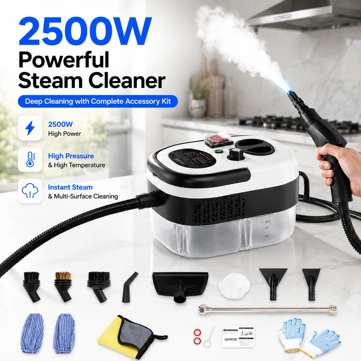 2500W Handgehaltener Dampfreiniger mit Hochdruck und -temperatur für Klimaanlagen, Küchenhauben, Autos, Glasfenster, Böden und mehr zur Desinfektion und Reinigung