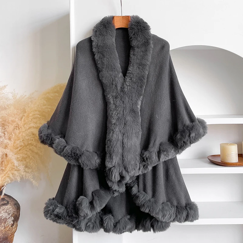 New Winter Thicken Mink Wool Full Trims Faux Fur Cape for Women - Hooded Loose Fleece Cloak Coat Party Dress Wraps Warm