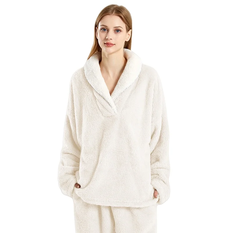 Winter Women's Thickened Shu Velveteen Pajamas Set Ladies Lapel Long Sleeve Pullover Pants Loose Casual Warm Fleece Loungewear