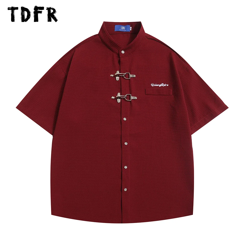 Button Decoration Short Sleeve Shirts Mens Summer Solid Color Streetwear Loose Waffle texture Shirts Men casual short sleeved shirt short sleeved shirt button down shirt