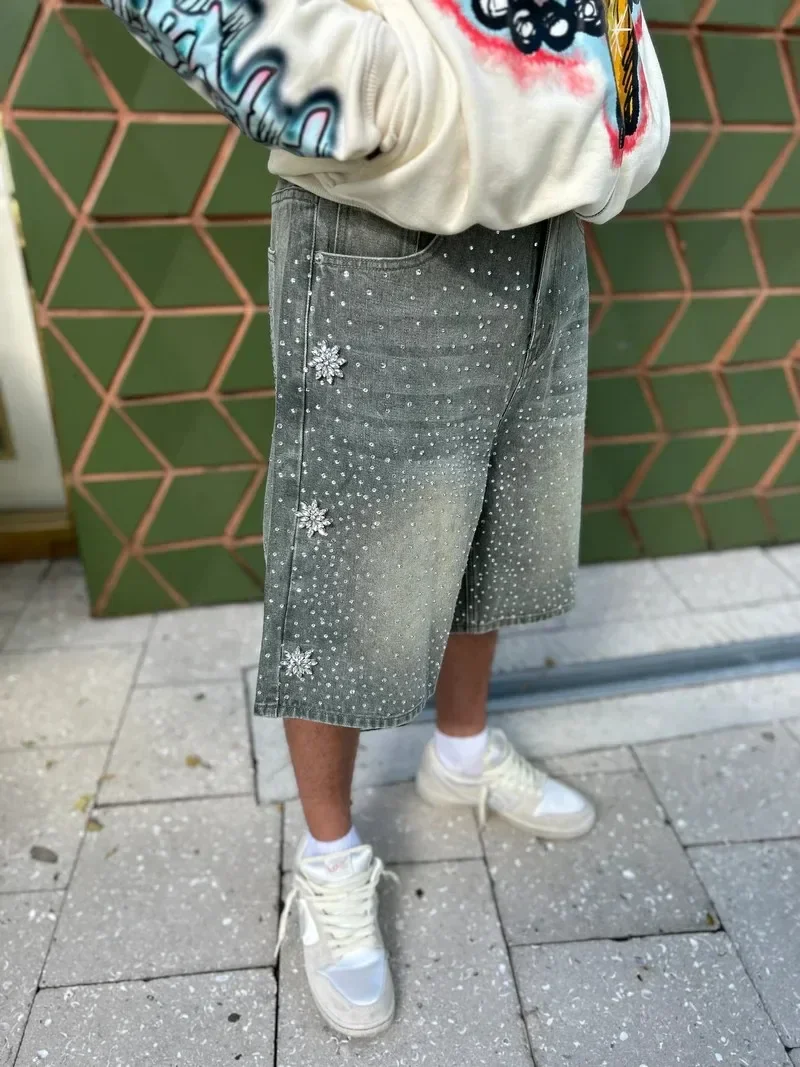 Retro rhinestone design denim shorts for men summer y2k minimalist beach bodybuilding casual couple wide leg shorts