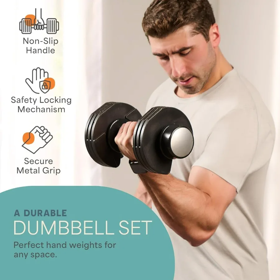 Adjustable Dumbbells Set - 5in1-25lb Pair weights Set & Single with Rack - Quick Adjust, Secure Grip - Compact Hand Weights for