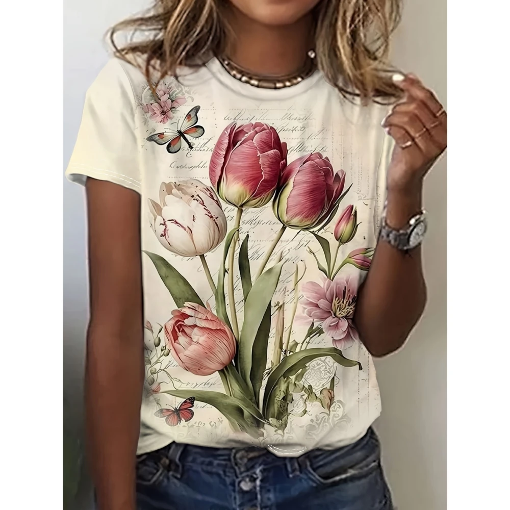 

Women's T-Shirts Cartoon Characters 3d Print Rose T-Shirt Harajuku Casual Short Sleeve Top Tee O Neck Oversized Female Clothing