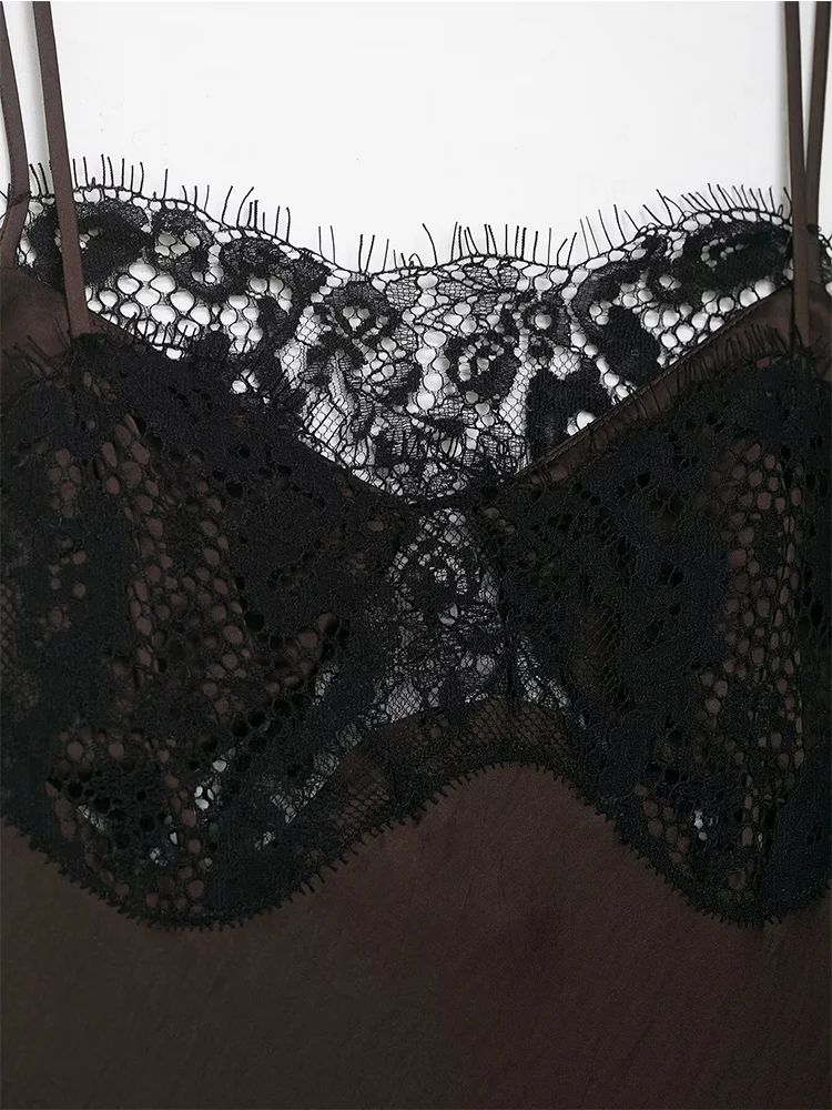 2026 New Women Satin Sling Dress Chic Lace Patchwork Backless V-neck Sleeveless Irregular Midi Dress Fashion Ladies Streetwear