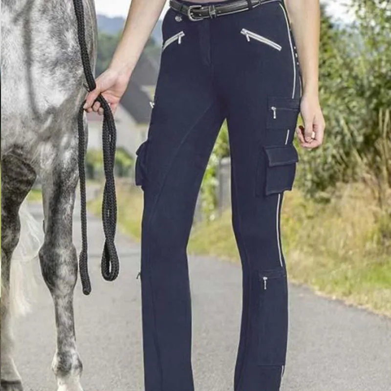2024 Fashion Ladies Horse Riding Multi-Pocket Diagonal Zipper Slim Slimming Hip Elastic Fashion Casual Riding Pants