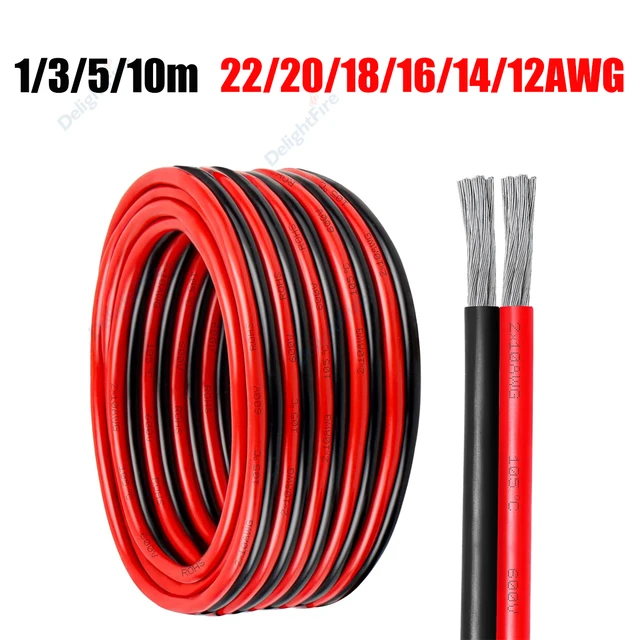 Câble en Silicone rouge noir à 2 broches, 22/20/18/16/14/12awg, 12V, fil à crochet parallèle pour panneau solaire, batterie de haut-parleur automobile de voiture 1