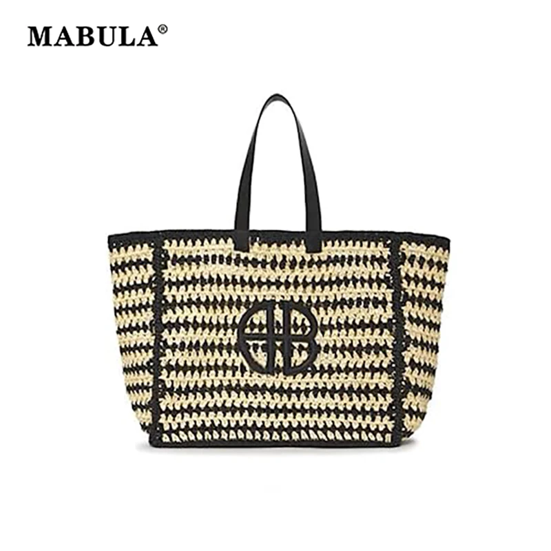 

MABULA Fashion Women Large Straw Beach Handbag Summer Vacation Plaid Handwoven Shoulder Tote Bag Brand Designer Shopping Purses