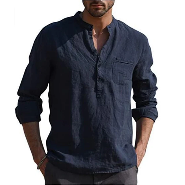 Cotton Linen Hot Sale Men's Long-Sleeved Shirts Summer Solid Color  Stand-Up Collar Casual Beach Style Plus Size 4