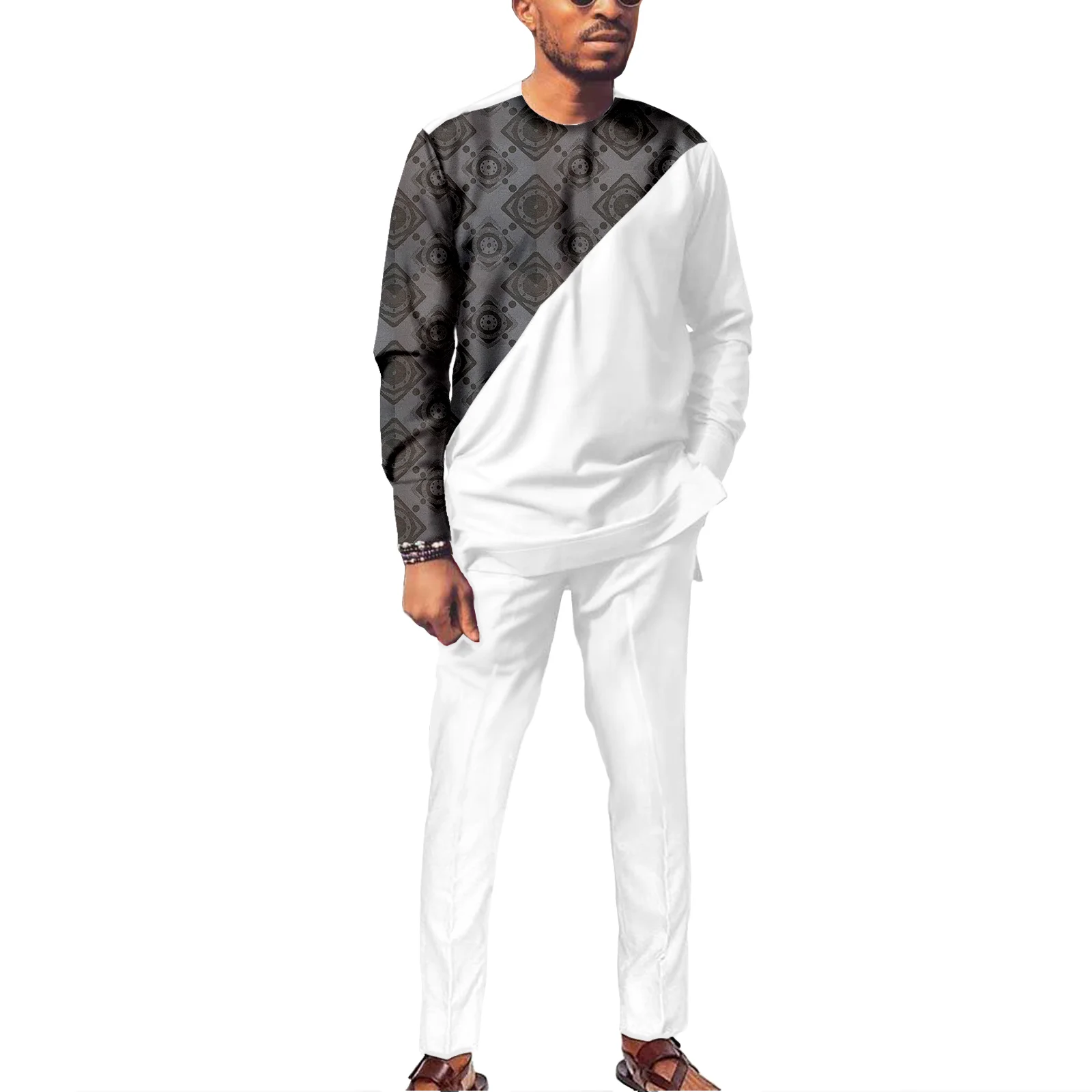 African Men's Clothing Dashiki Long Sleeve Shirt and Pant Jacquard 2 Piece Suit Fashion Tracksuit w2216002 african men suit wedding formal wear 2 piece set designed blazer jacket pants dashiki jacquard ankara fabric slim fit a2316025