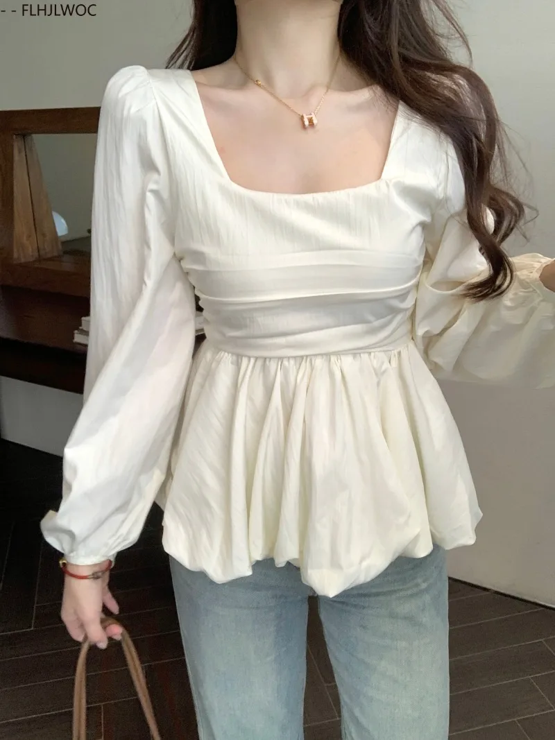 Belly Tunic Peplum Tops Blouses New Design Women Long Sleeve Casual Chic Korea Slim Fitted Black White Basics Shirts