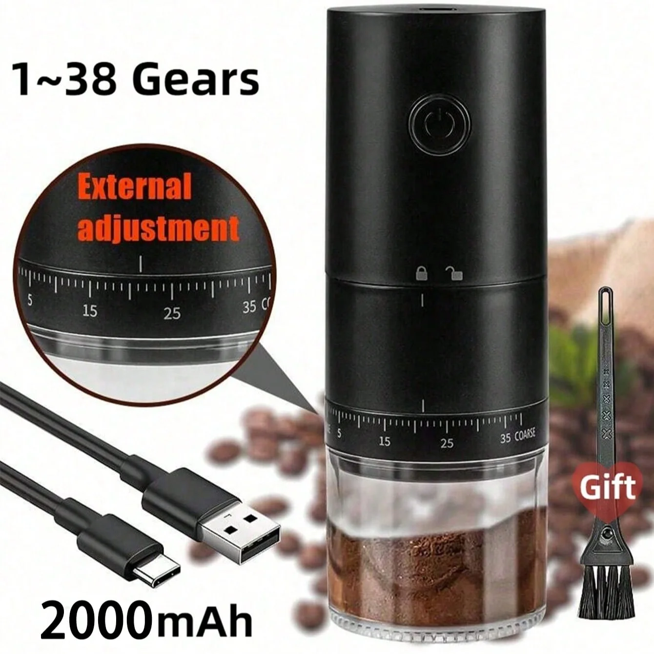 New Portable USB Electric Coffee Bean Grinder 38 Gears External Adjustable 1500mAh Rechargeable Household Mini Coffee Machine