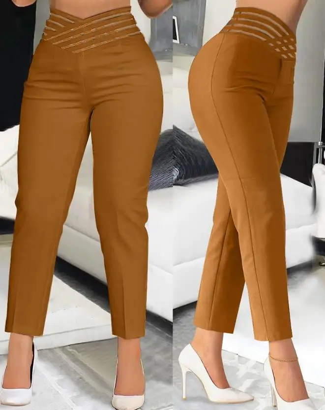 

Women's New Fashion Overlap Waist Hollow Out Work Pants Temperament Commuting Female Sheer Mesh High Waist Elegant Trousers