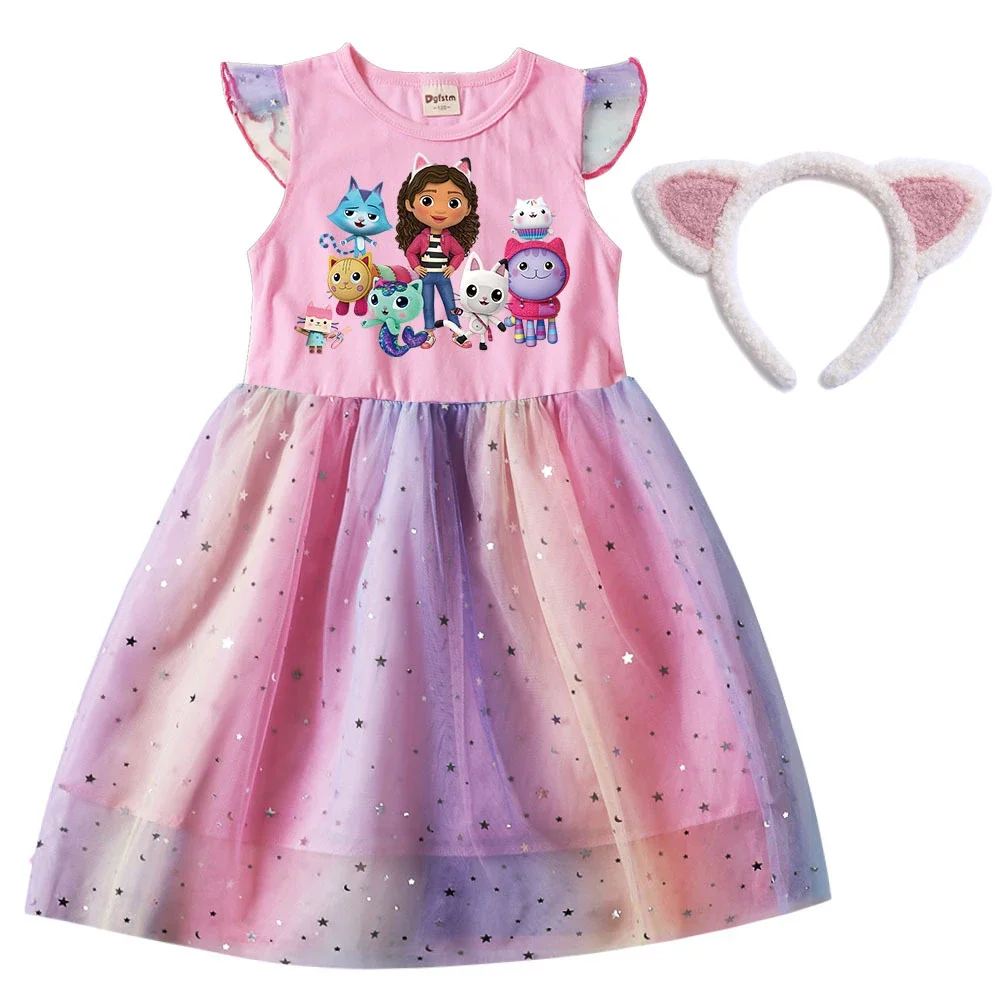 Girls Summer Dresses Gabbys Dollhouse Girls Cat Tastic Costumes Kawaii Kids Birthday Party Princess Dress with Headwear Bag