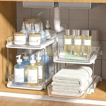 2-Tier Stackable Under Sink Organizer with Pull-Out Drawers, Movable Dividers, White, 2-Pack 1