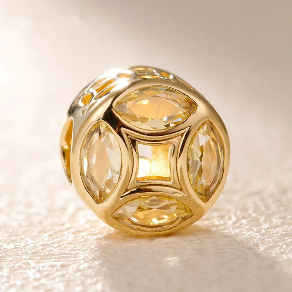 Shine Gold Plated Good Fortune Coin & Cz Charm Bead Si Adatta A Tutte Le Collane Di Bracciali Di Gioielli Europei