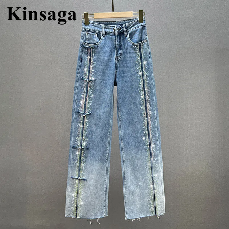 Classics Gradual Change Loose Straight Jeans Women Chinese Tradition Asymmetric Drill Frog Demin Pant Tasseal Baggy Trousers classics gradual change loose straight jeans women chinese tradition asymmetric drill frog demin pant tasseal baggy trousers