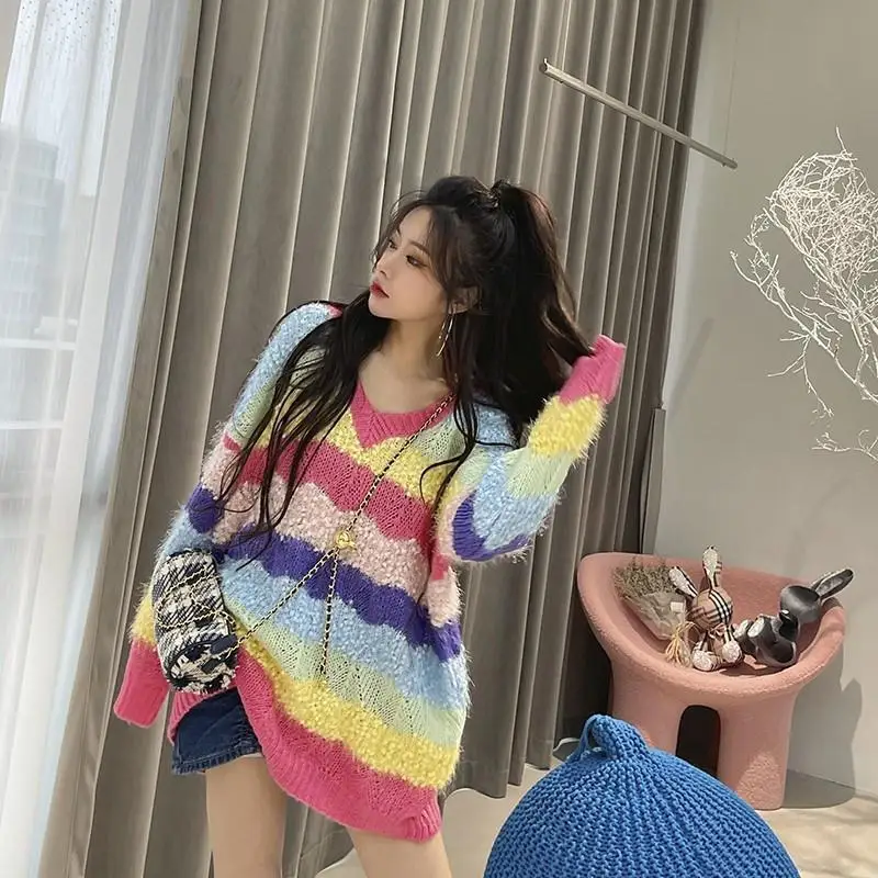 

Winter 2022 Autumn Soft Warmth Stripped V-neck Loose Long Sleeve Fashion Swweater Knitted Clothing Leisure Top Jumper H73