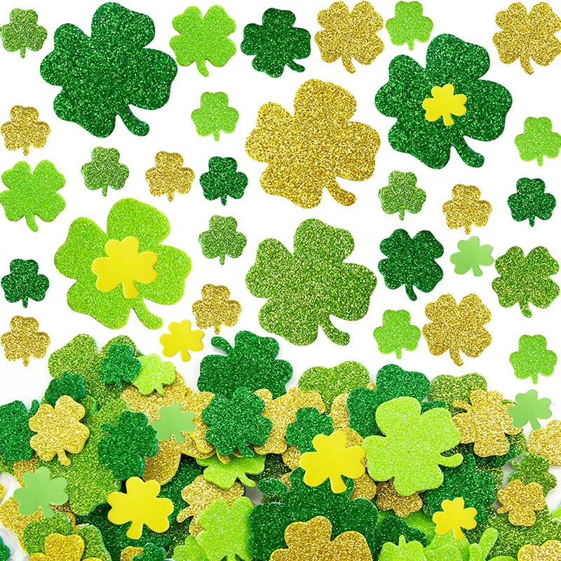 

St. Patrick's Day Glitter Foam Clover Stickers Lucky Green Shamrock Window Wall Decal for Office School Home Party Decorations